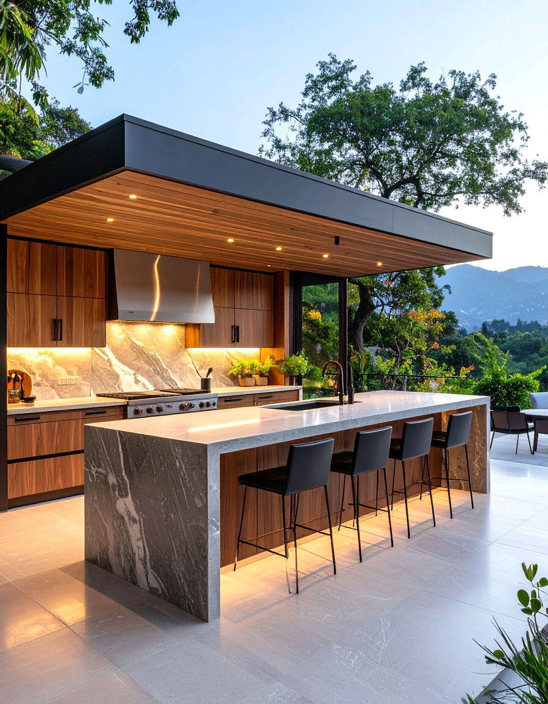 Waterfall Countertops and Stone Slab Islands - 25 outdoor kitchen designs