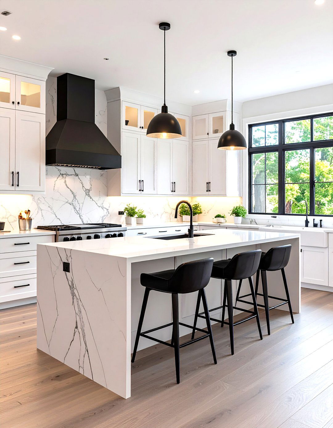 Waterfall Edge White Quartz Counters - 25 black and white kitchen ideas