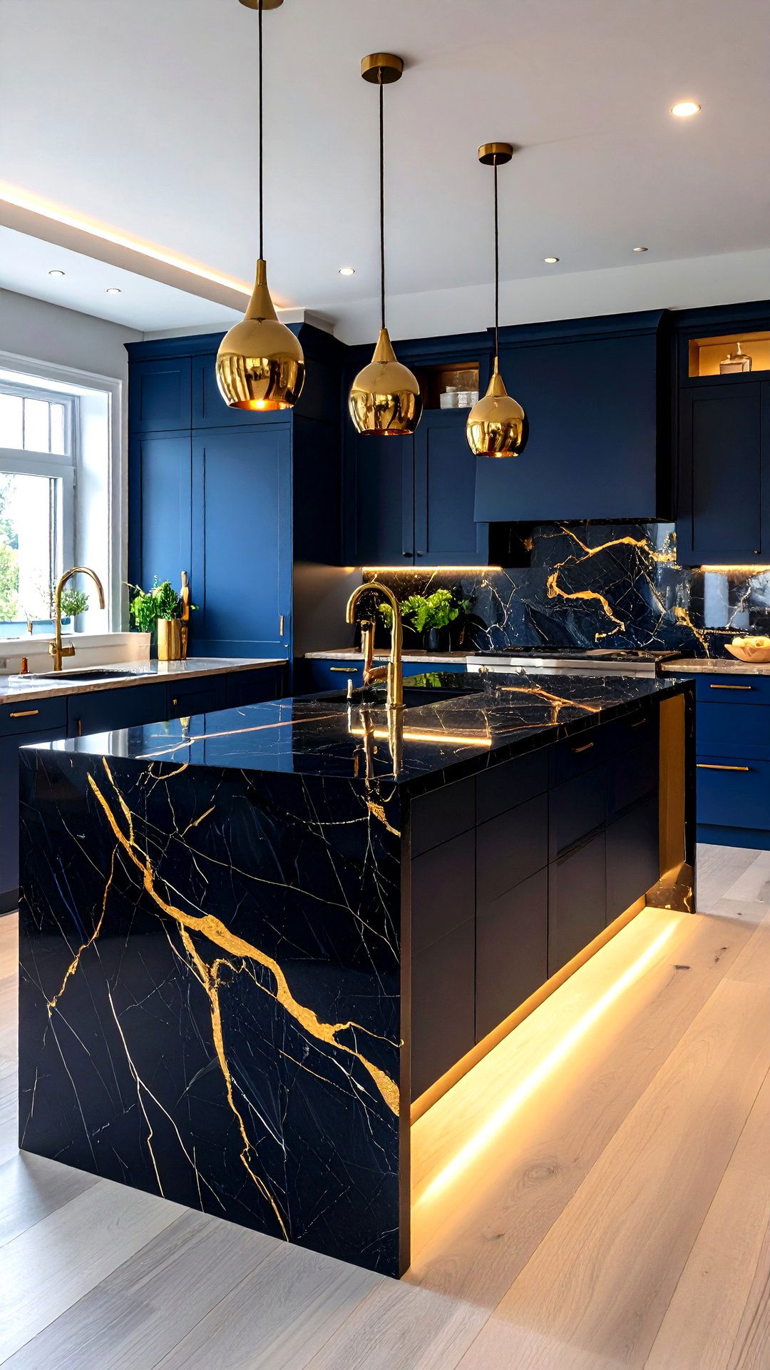 Waterfall Island in Black Marble with Gold Veining - 25 art deco kitchen ideas