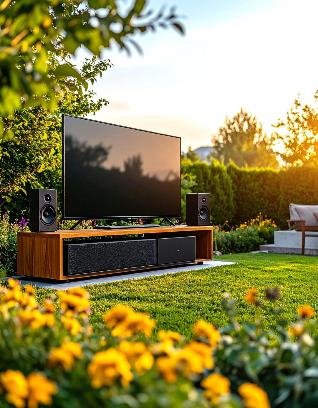 Weatherproof Soundbar and Sub for Punchy Audio - 25 outdoor tv ideas