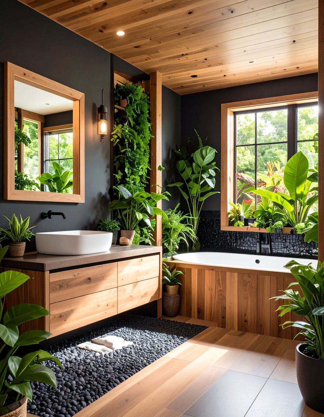 Wellness Niches Integrate Plants in Black and Wood Bathrooms - 25 black and wood bathroom ideas