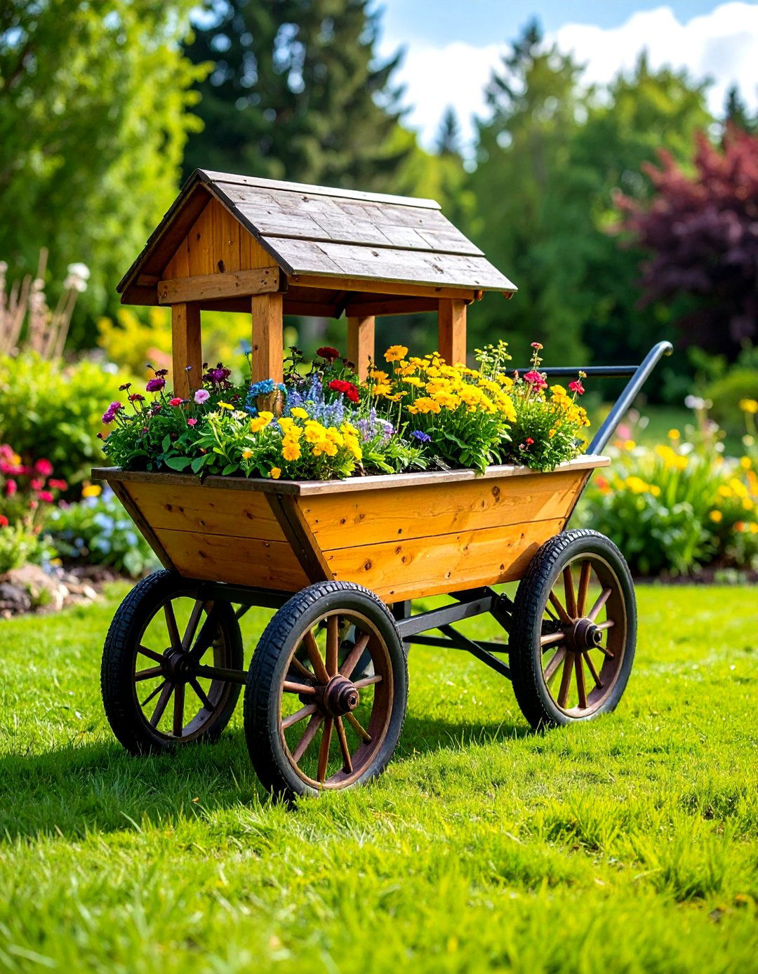 Wheelbarrow Base Mobile Wishing Well Garden - 25 outdoor wishing well garden ideas