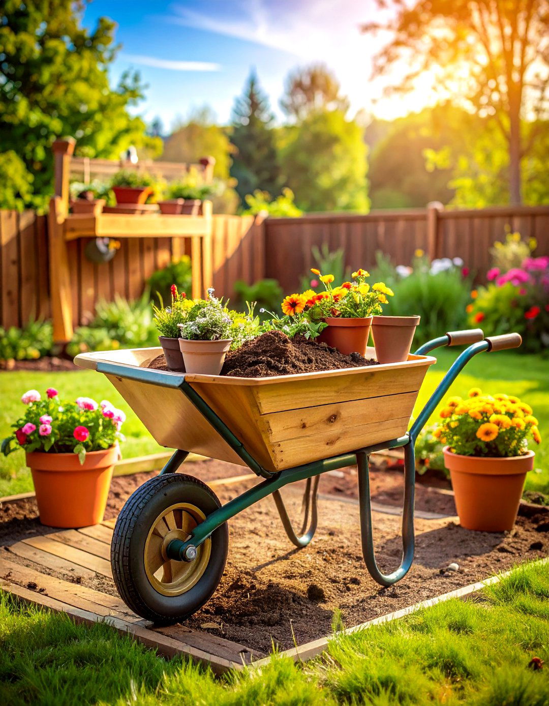 Wheelbarrow Potting Bench and Soil Station - 25 old wheelbarrow ideas