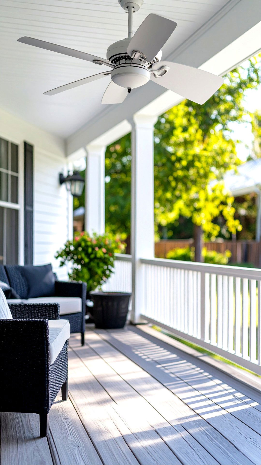 Whisper Quiet White Ceiling Fans Disappear Into the Background - 25 colonial front porch ideas