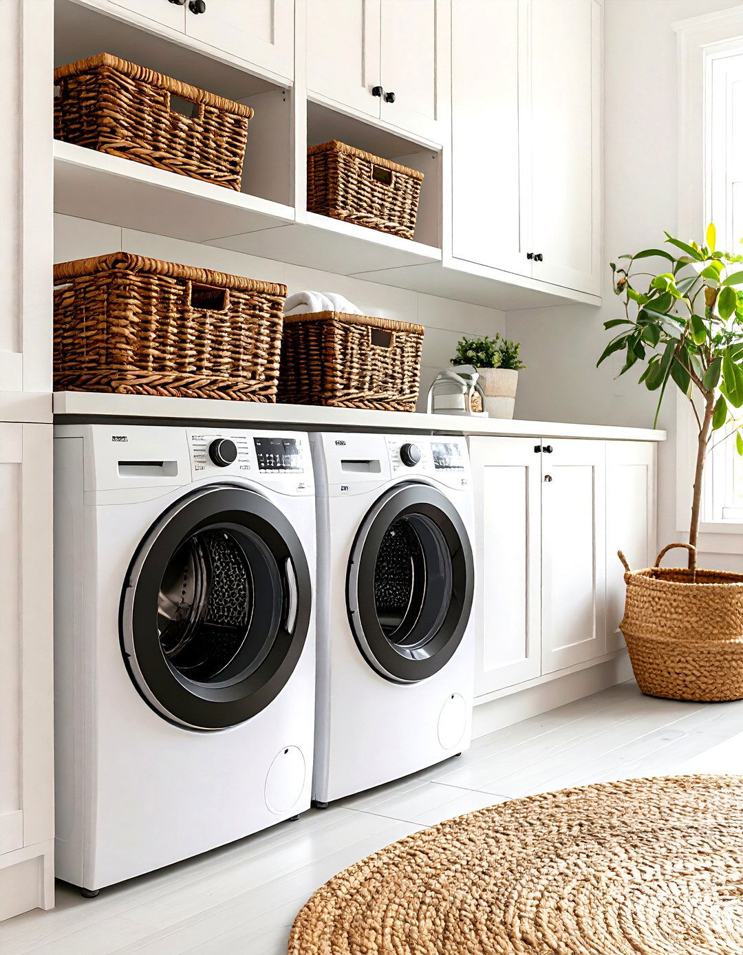 White Cabinets Plus Black Woven Baskets Hide Every Loose Sock - 25 black and white laundry room ideas