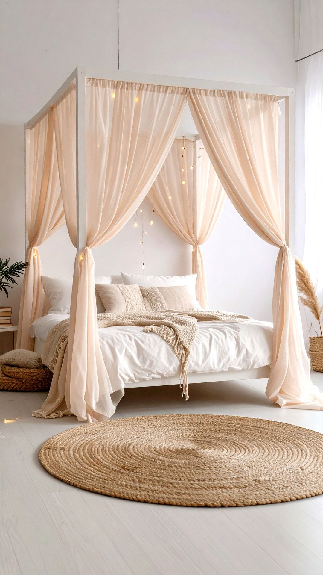 White Canopy Bed Draped in Blush - 25 blush pink bedroom ideas
