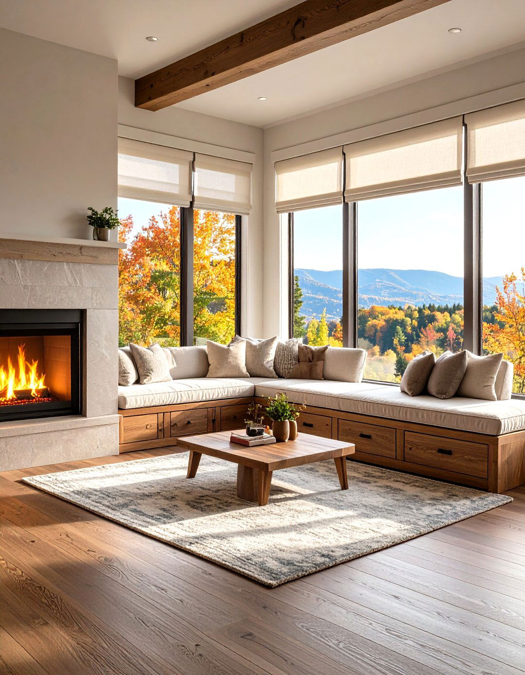 Wide Window Seat Bench Bridging Hearth and View - 25 fireplace bench ideas