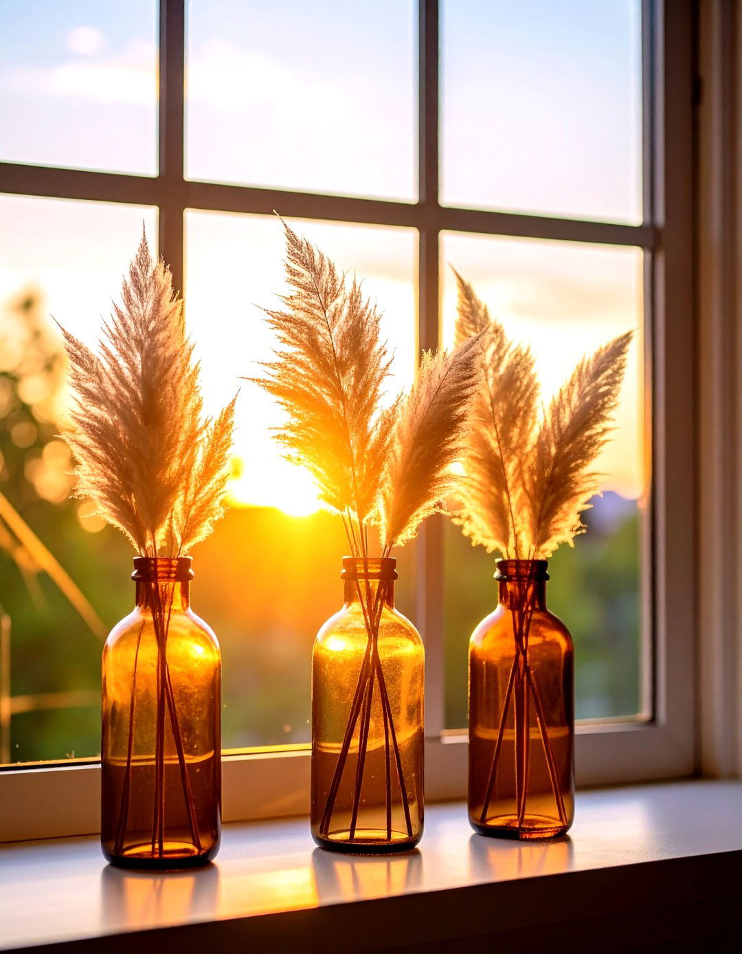 Windowsill Trio of Pampas Grass for a Sunlit Silhouette - 25 pampas grass decor ideas
