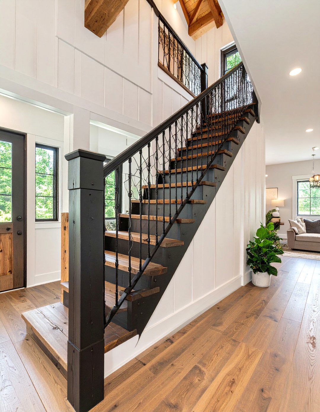 Wire Mesh Timber Frame Stair Railing - 25 farmhouse rustic stair railing ideas