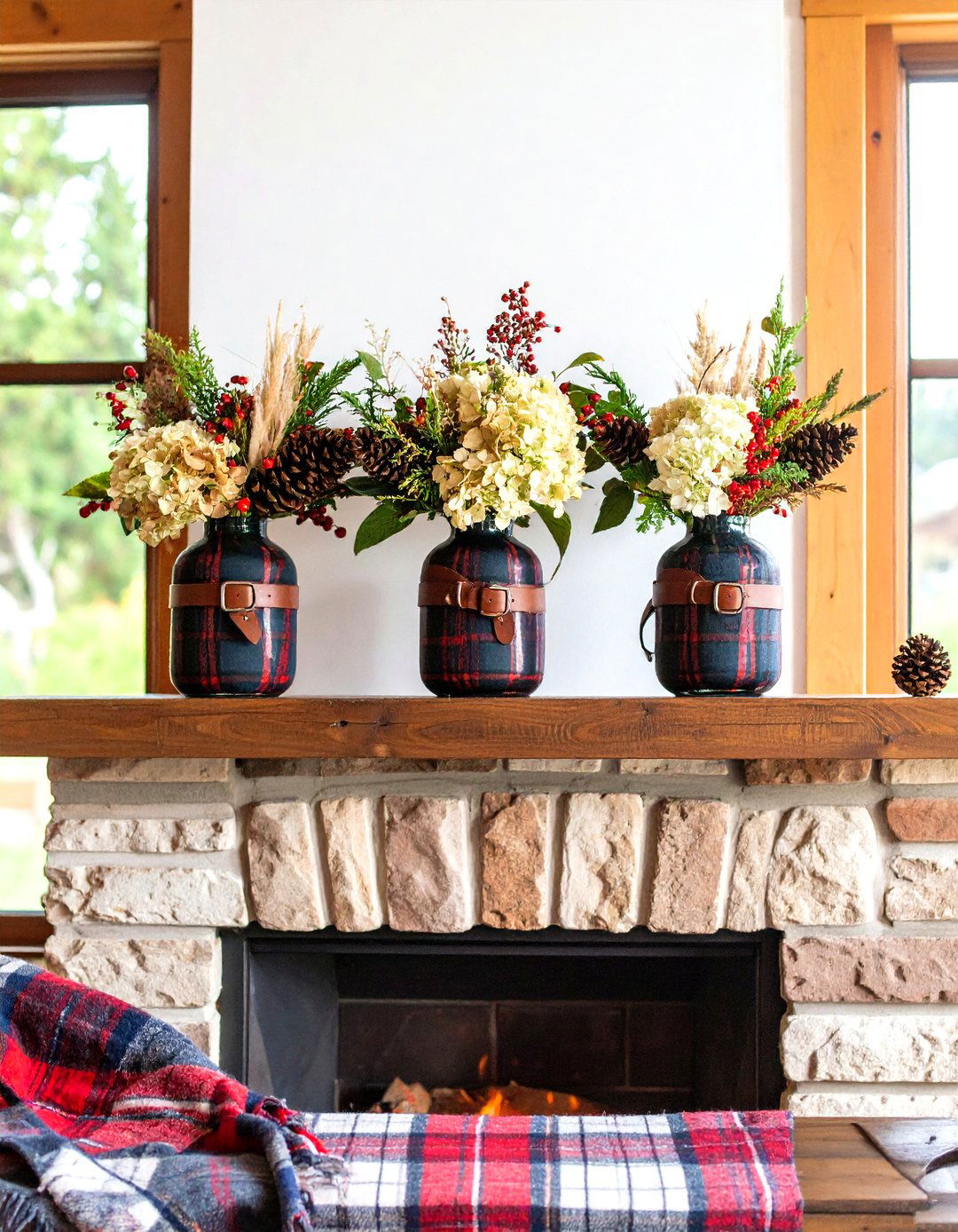 Woodsy Plaid and Pinecone Mantel - 25 fall mantel decor ideas