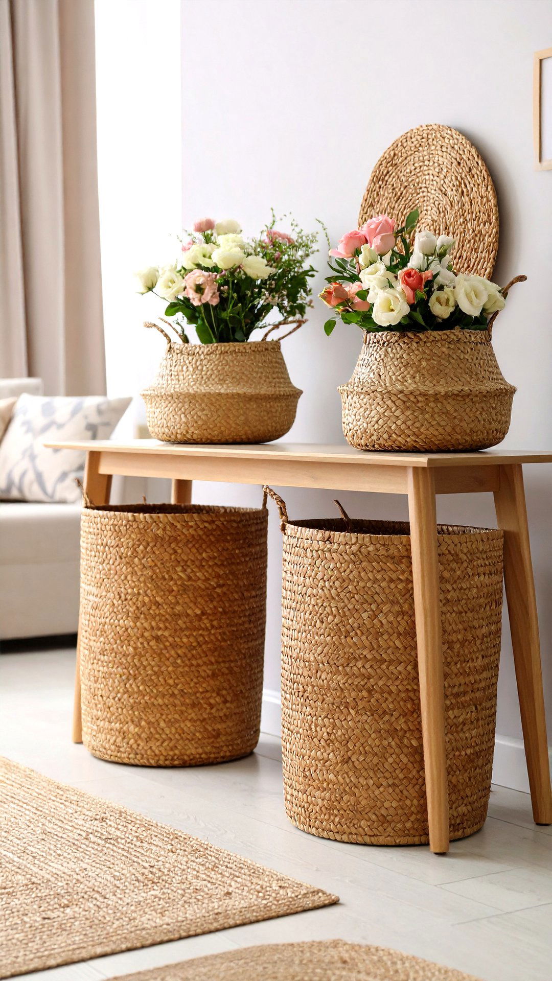 Woven Baskets Tucked Under the Console Table - 25 console table decor ideas