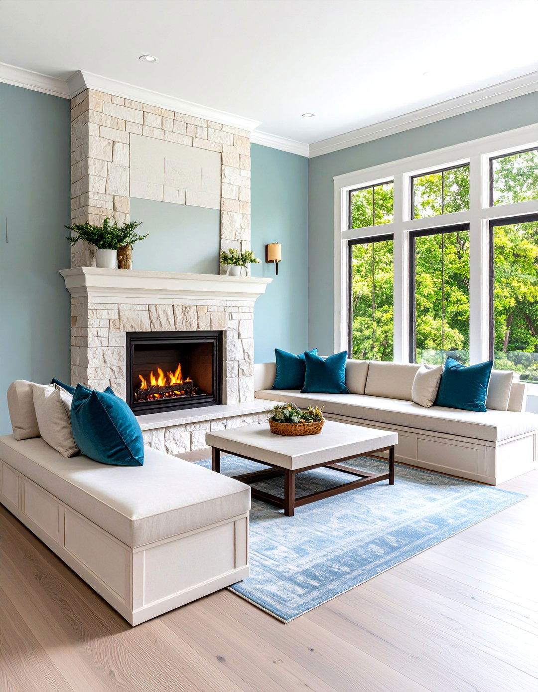Wraparound Corner Bench Framing a Dual Sided Fireplace - 25 fireplace bench ideas