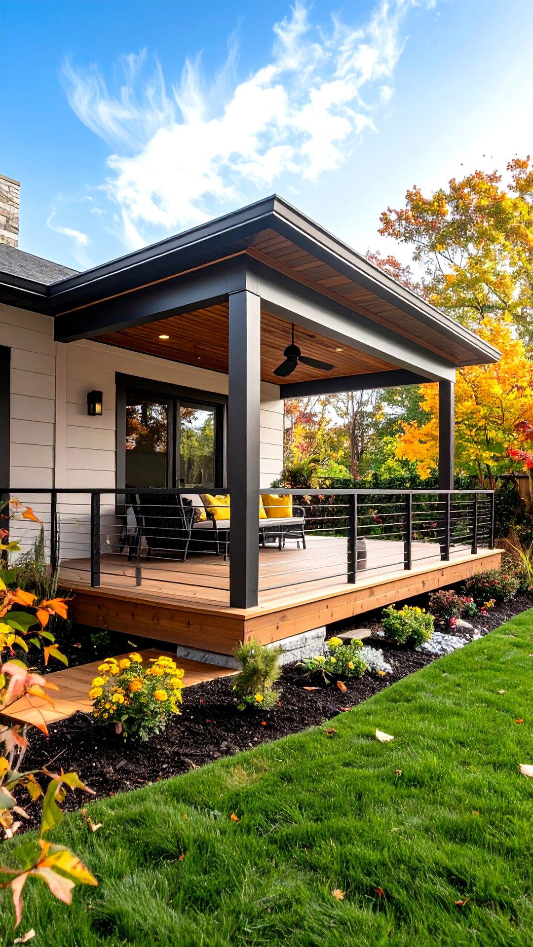 Wraparound Porch with Cable Railing Extends the House Exterior - 25 aesthetic house exterior ideas