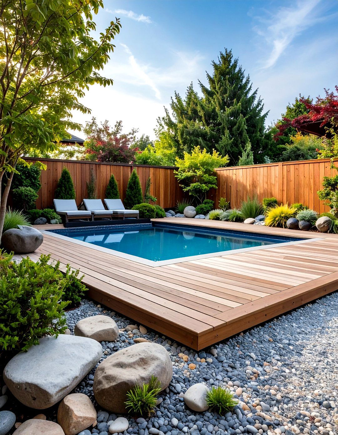 Zen Inspired Pool Deck with Gravel Border - 25 above-ground pool with deck ideas