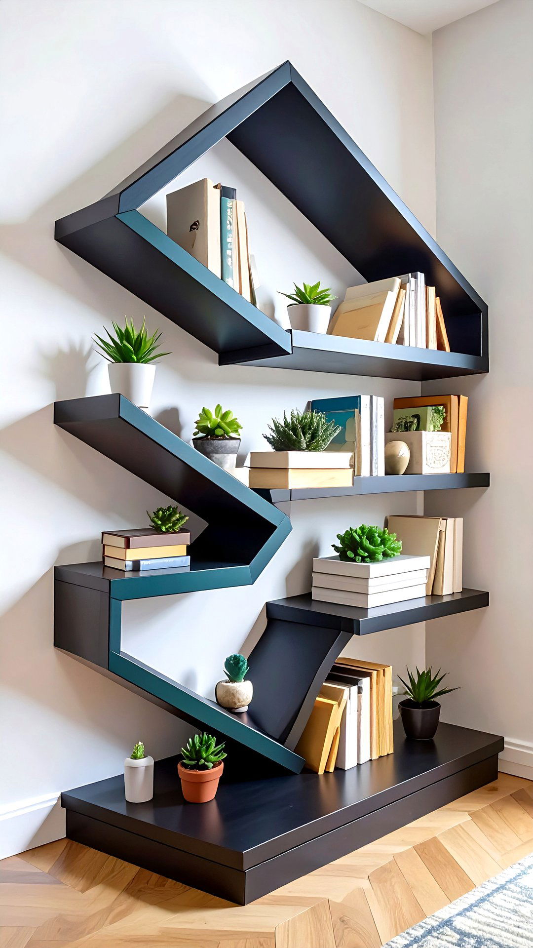 Zigzag Tiered Corner Shelf for Bold Geometry - 25 corner shelf ideas