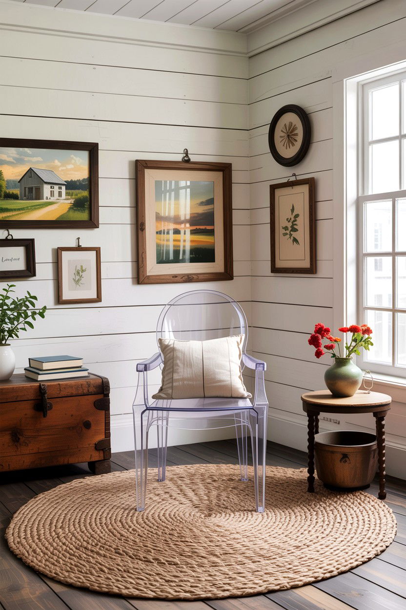 Acrylic chair in farmhouse living room - 30 living room ghost chair ideas