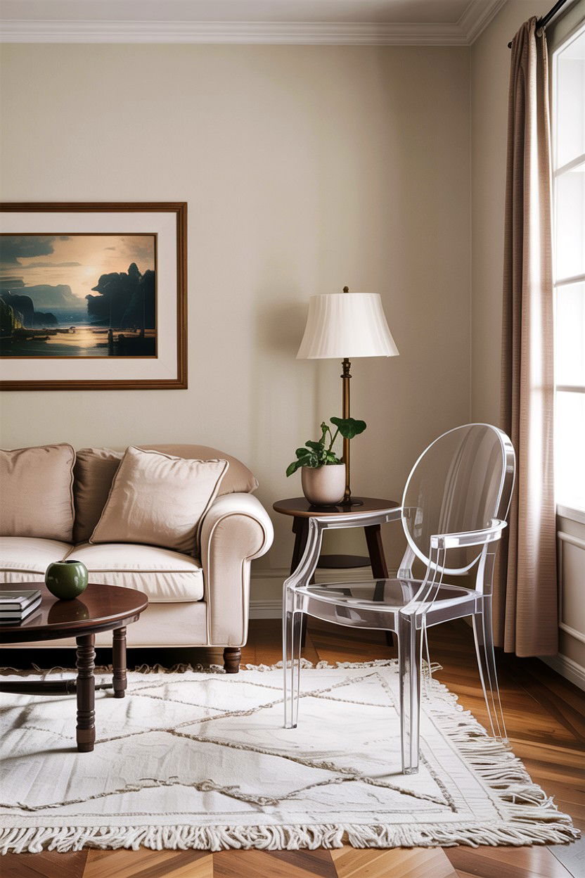 Acrylic chair in neutral living room - 30 living room ghost chair ideas
