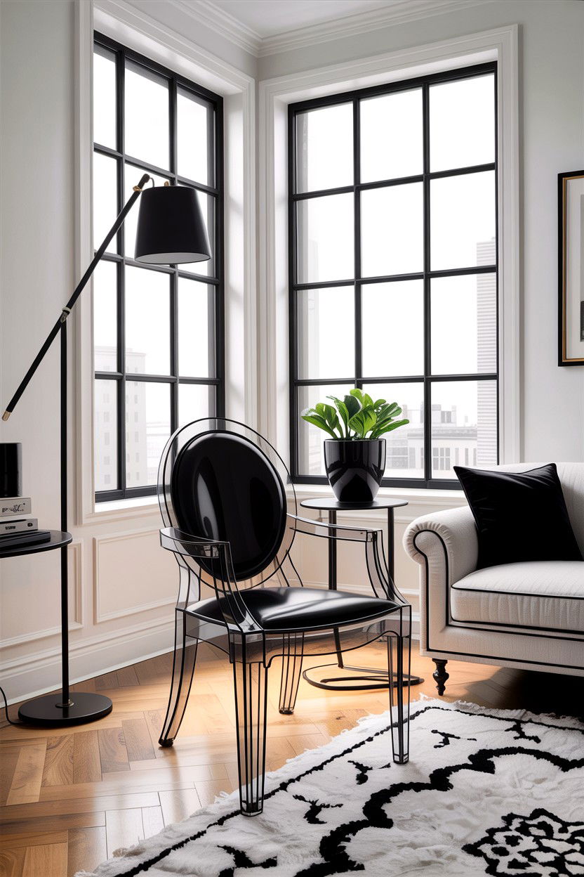 Acrylic chair with black accents - 30 living room ghost chair ideas