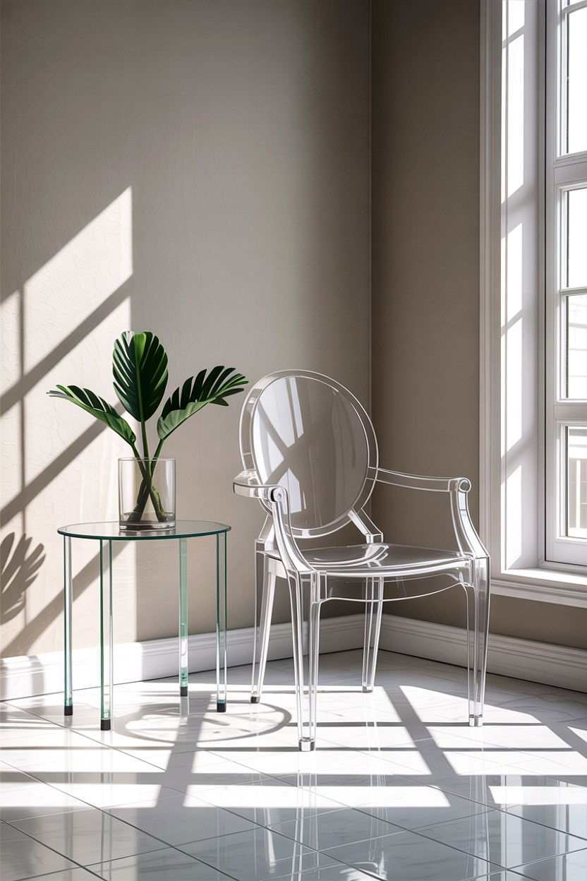 Acrylic chair with glass side table - 30 living room ghost chair ideas
