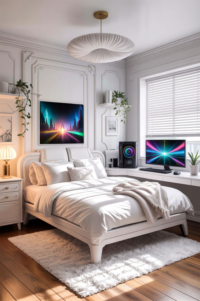Aesthetic White Gaming Bedroom - 30 gaming bedroom ideas