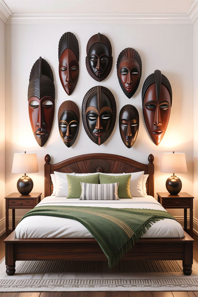 African Mask Wall - 30 African bedroom ideas