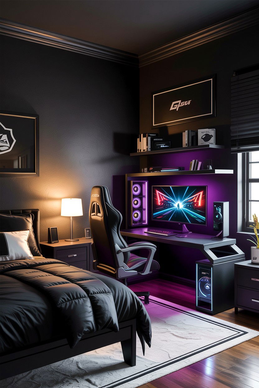All Black Gaming Bedroom - 30 gaming bedroom ideas