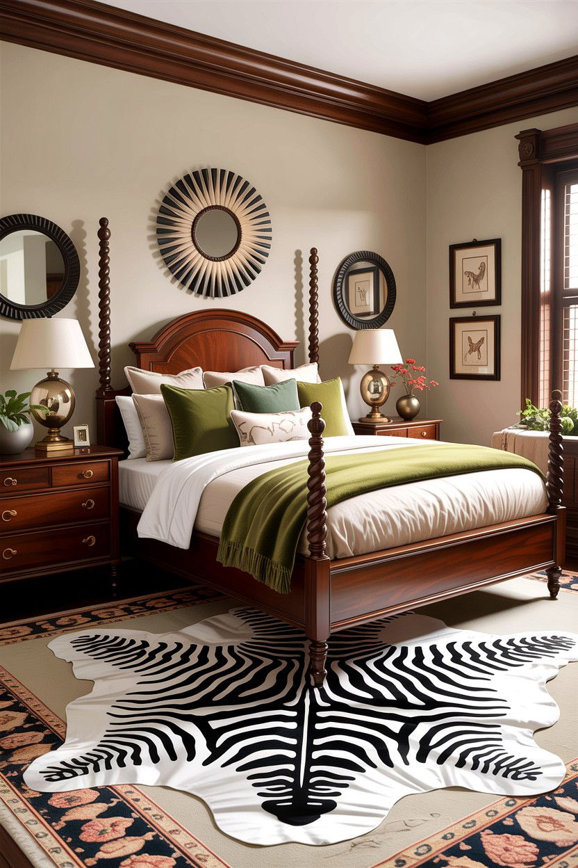 Animal Print Accents And Dark Wood - 30 British colonial bedroom ideas