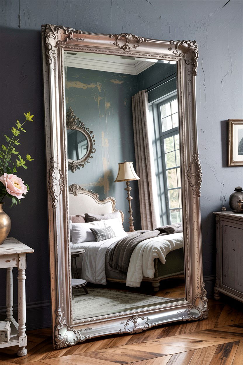 Antique Silver Mirror - 30 rustic grey bedroom ideas