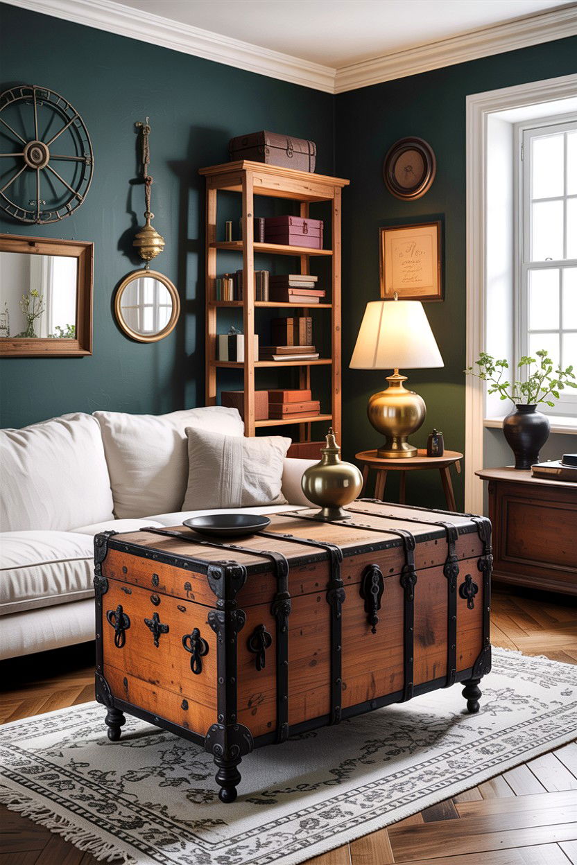 Antique Trunk - 30 rustic white living room ideas
