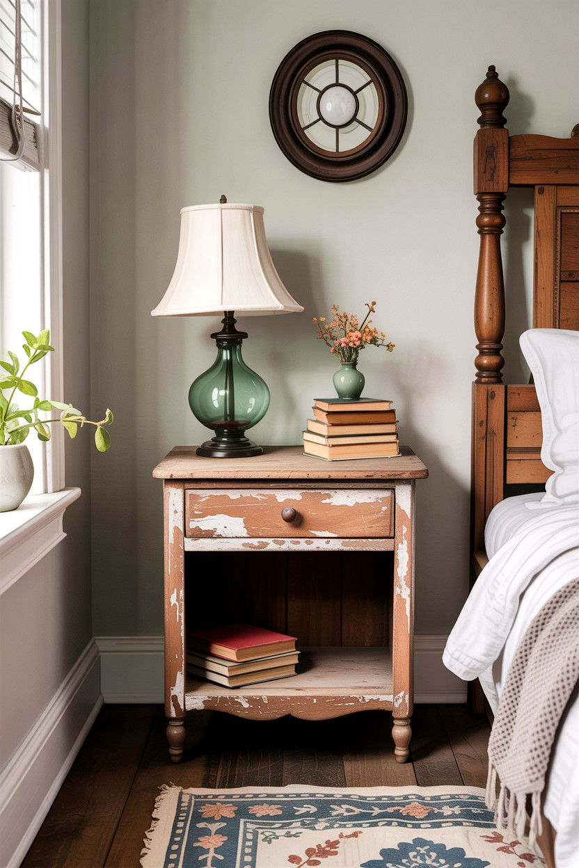 Antique Wood Nightstand - 30 farmhouse bedroom ideas