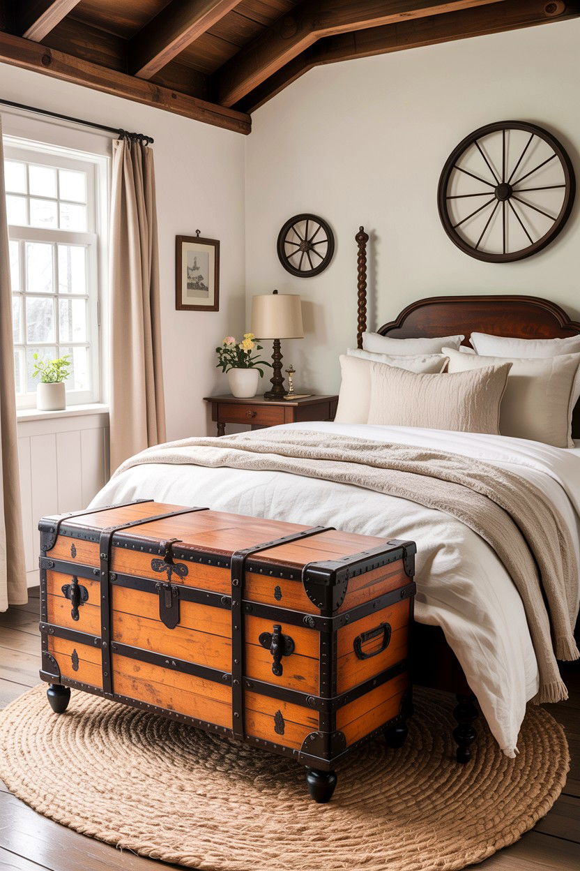 Antique trunk at foot of bed - 30 rustic cream bedroom ideas