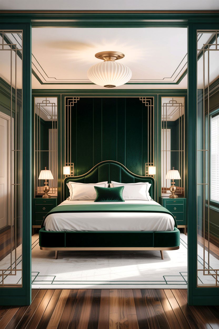 Art deco bedroom with geometric glass doors - 30 bedroom with patio doors