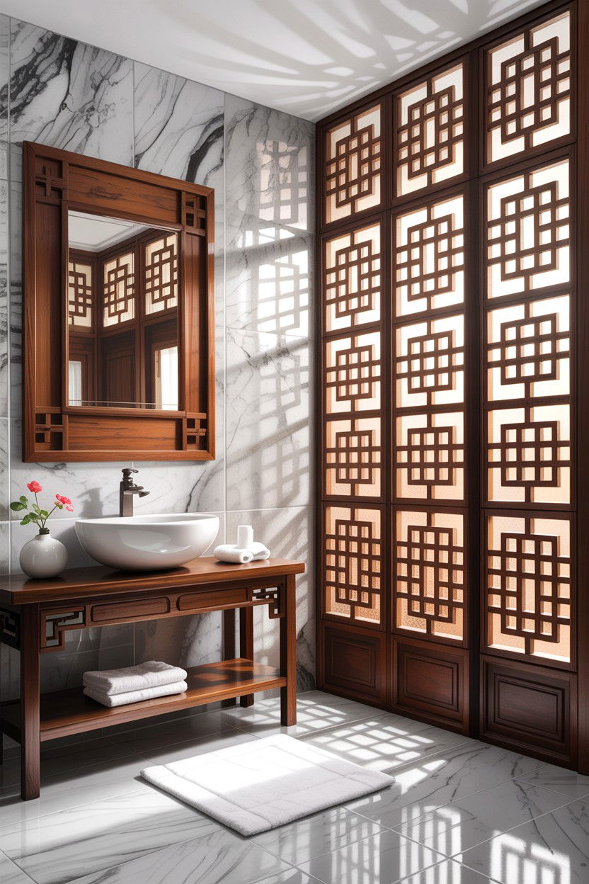 Asian lattice wood screen - 30 Asian bathroom ideas
