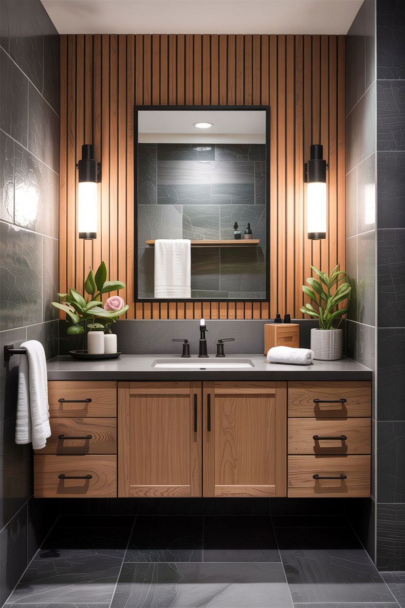 Asymmetrical Wood Slat Wall - 30 bathroom asymmetry ideas