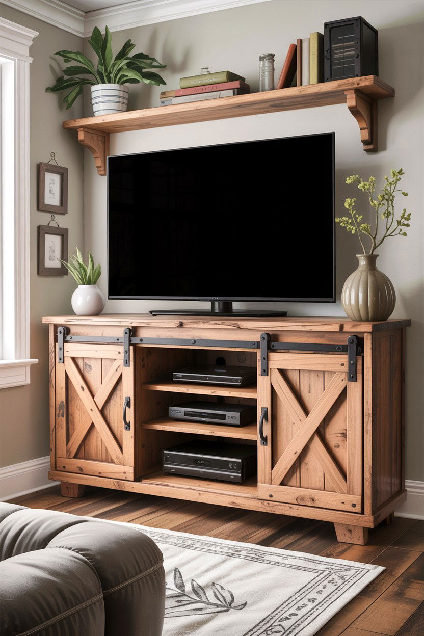 Barn Door TV Stand - 30 living room farmhouse furniture ideas
