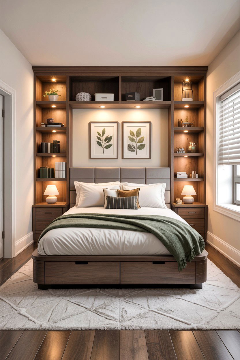 Basement bedroom with built in shelving - 30 basement bedroom ideas