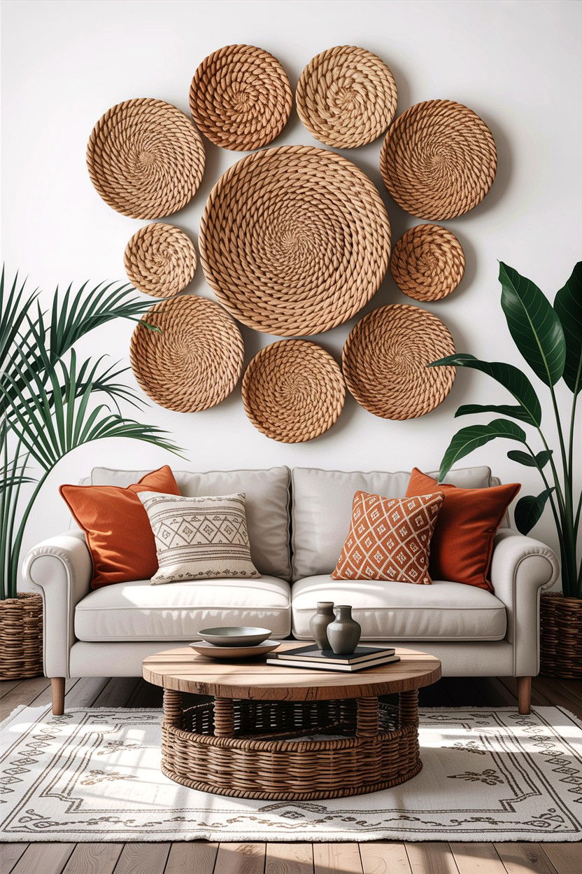 Basket wall decor - 30 DIY living room ideas