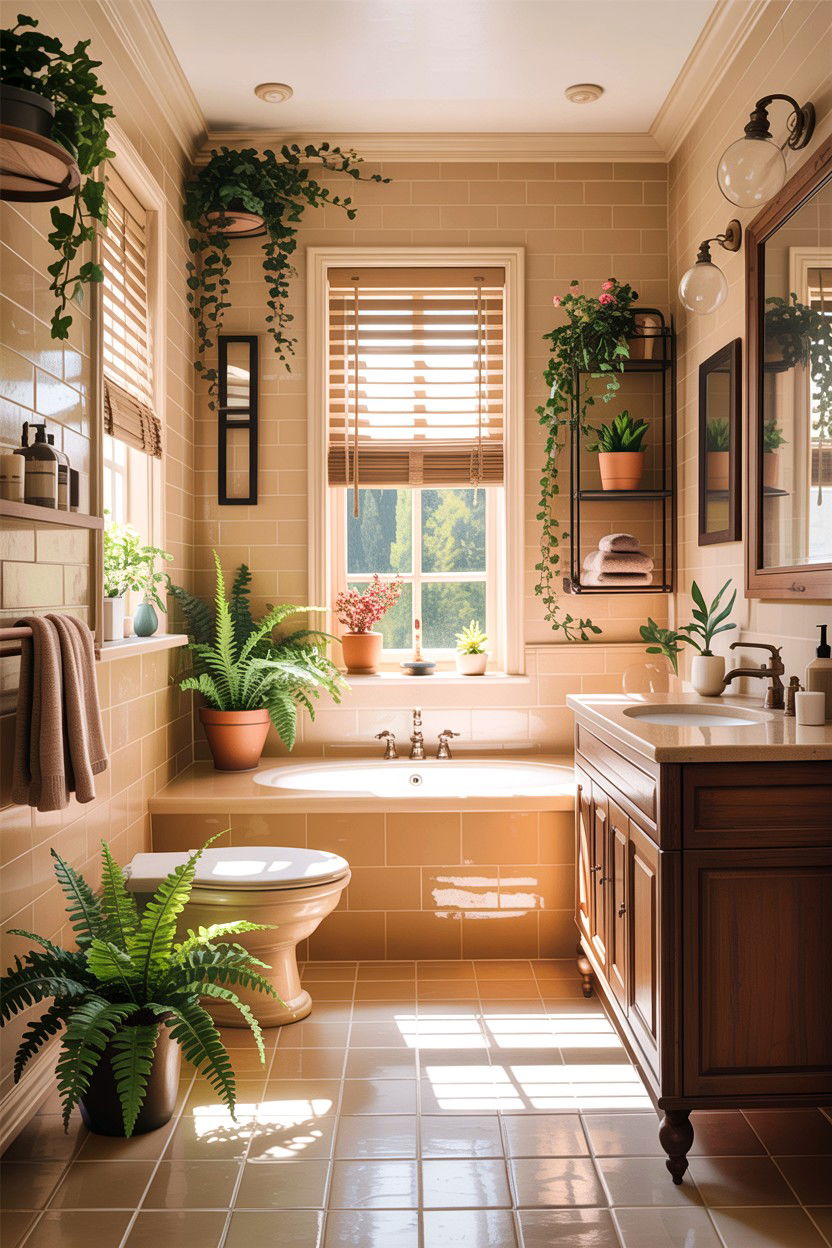 Beige Bathroom With Greenery - 30 warm beige bathroom ideas