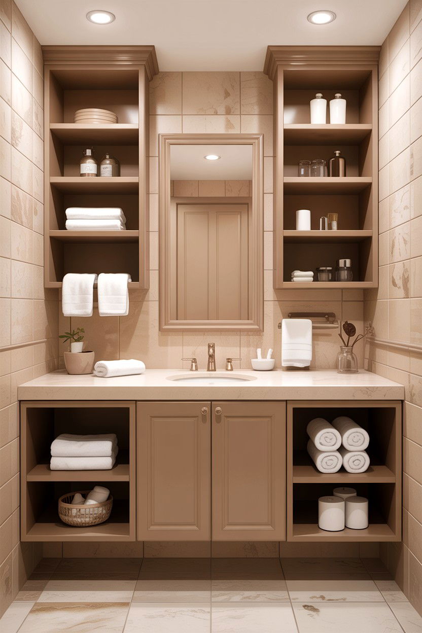 Beige Bathroom With Open Shelving - 30 warm beige bathroom ideas