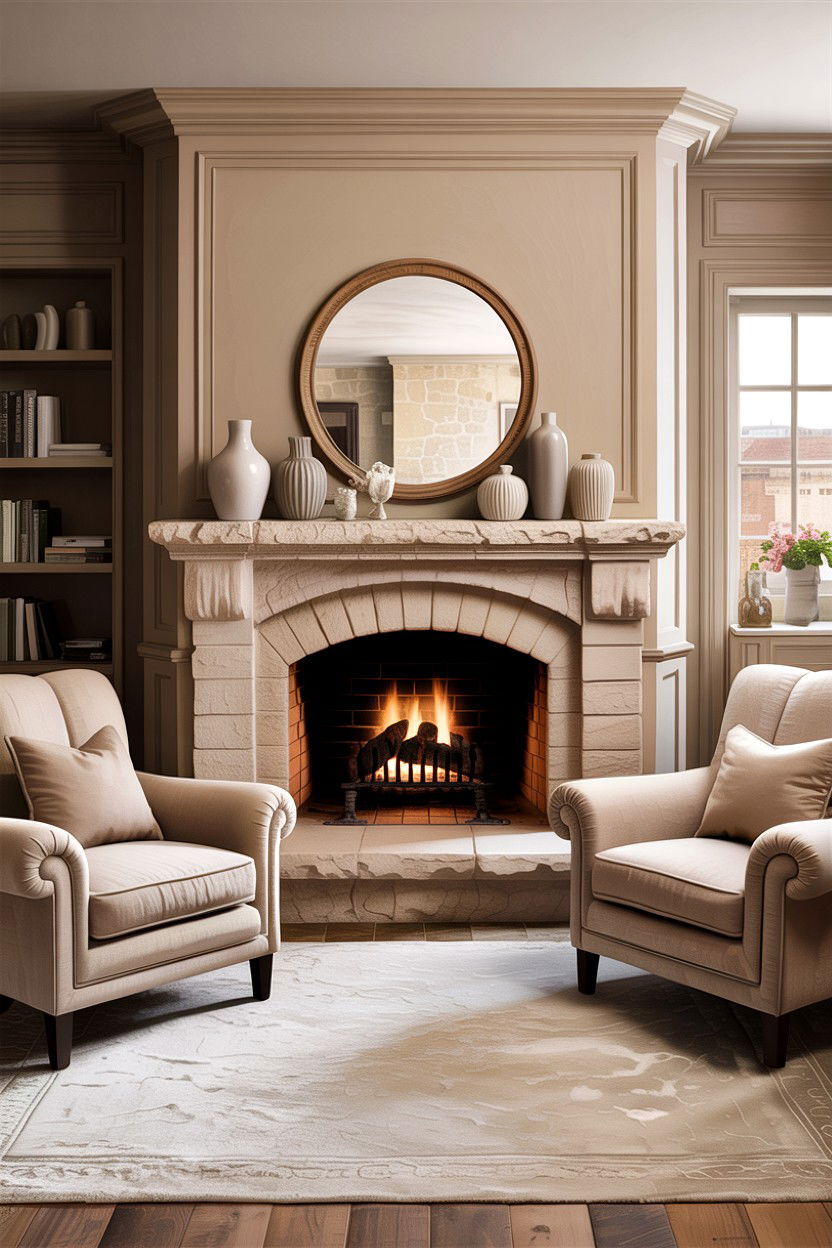 Beige Living Room With Stone Fireplace - 30 all beige living room ideas