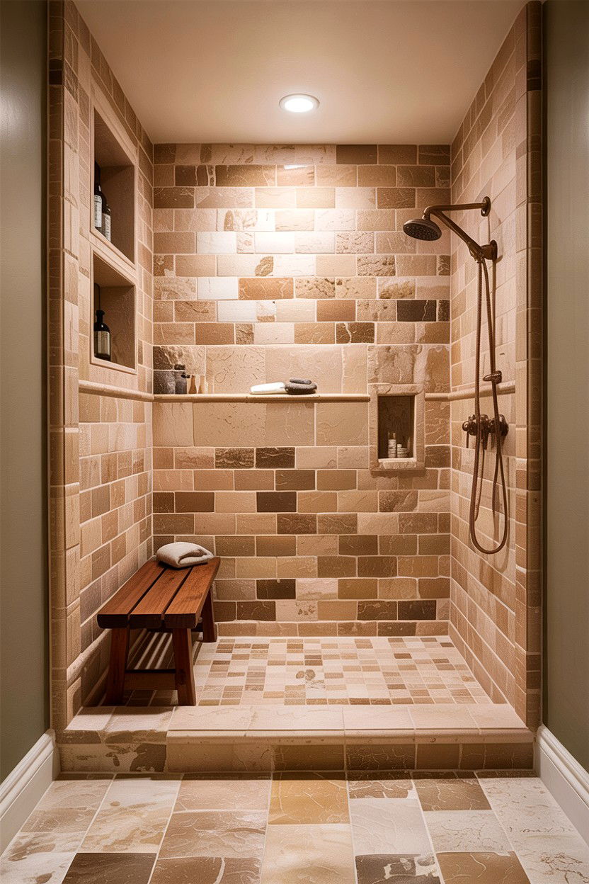 Beige grout travertine tile - 30 colored grout bathroom ideas
