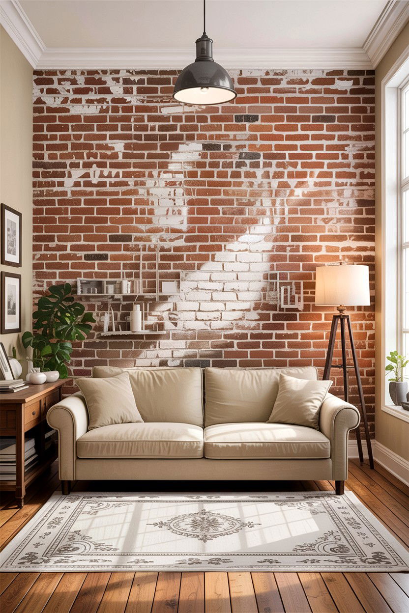 Beige living room exposed brick - 30 rustic beige living room ideas