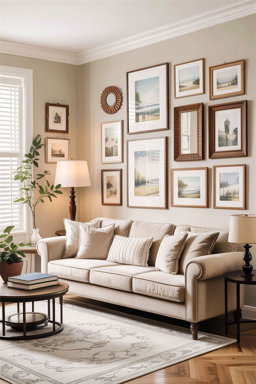 Beige living room gallery wall - 30 rustic beige living room ideas