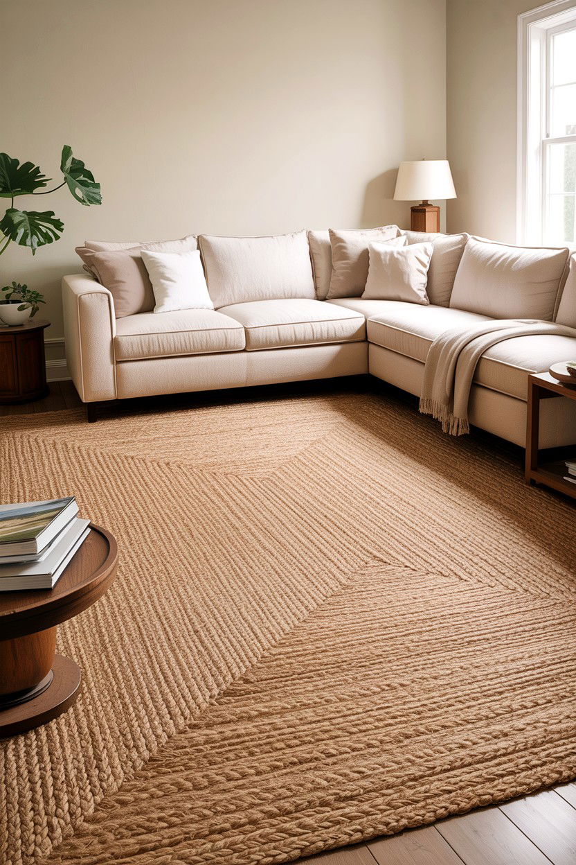 Beige living room jute rug - 30 rustic beige living room ideas
