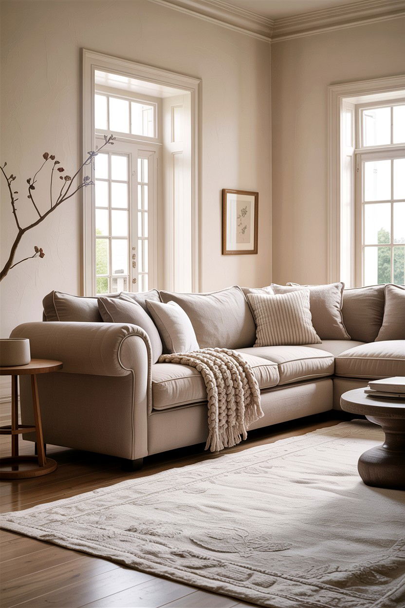 Beige living room linen sofa - 30 rustic beige living room ideas