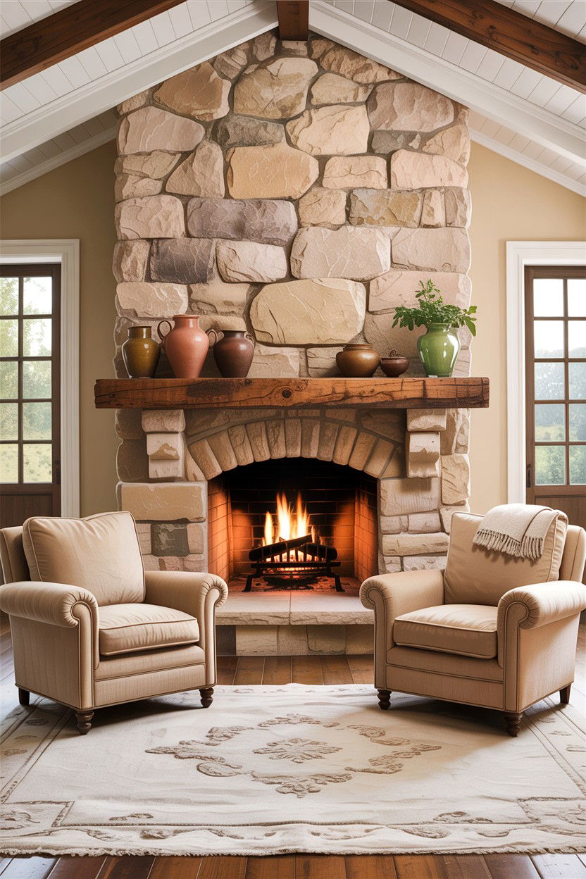 Beige living room stone fireplace - 30 rustic beige living room ideas