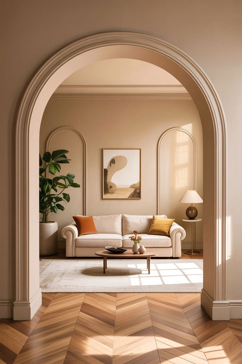 Beige living room with arched doorway - 30 warm beige living room ideas