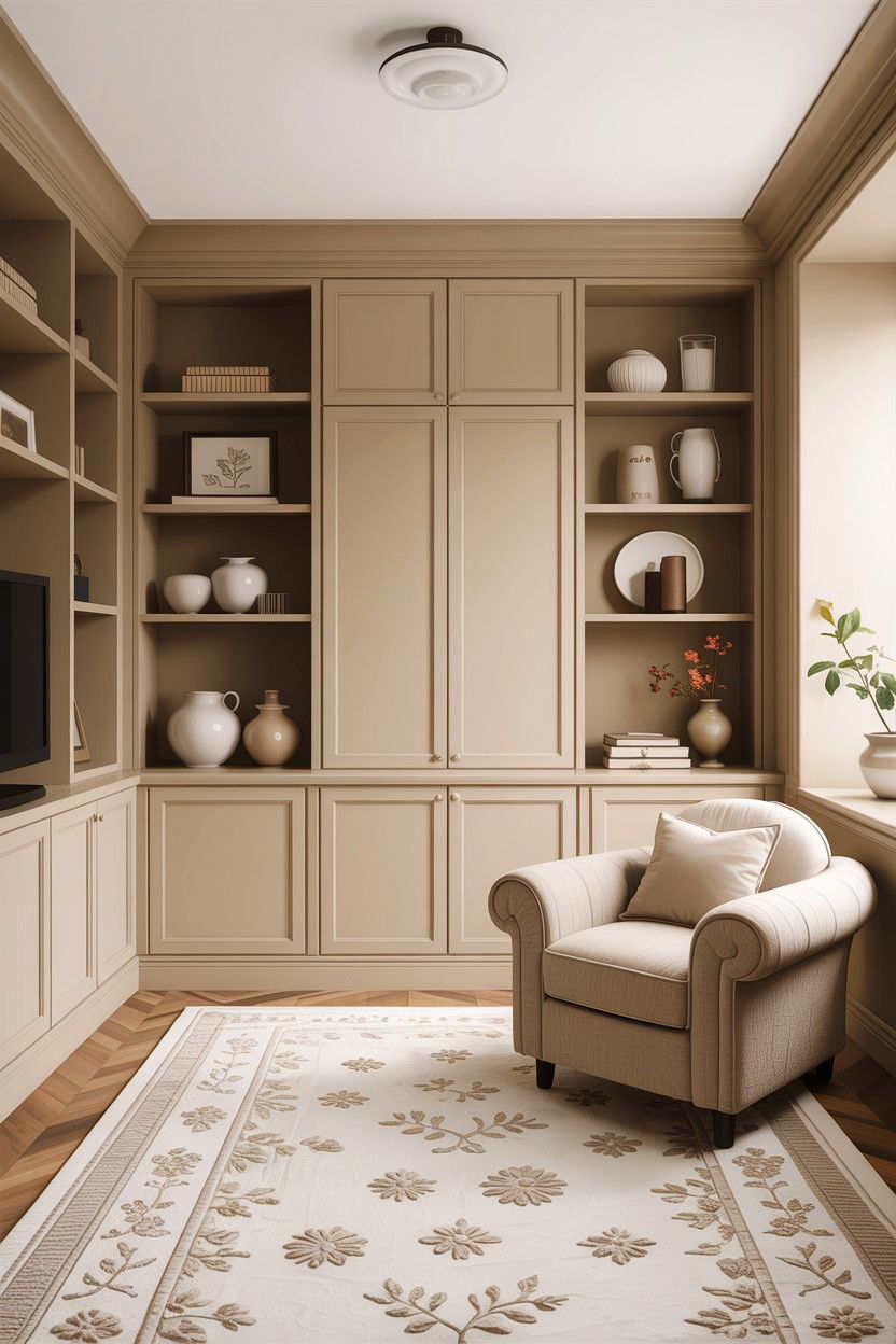 Beige living room with built in shelves - 30 warm beige living room ideas