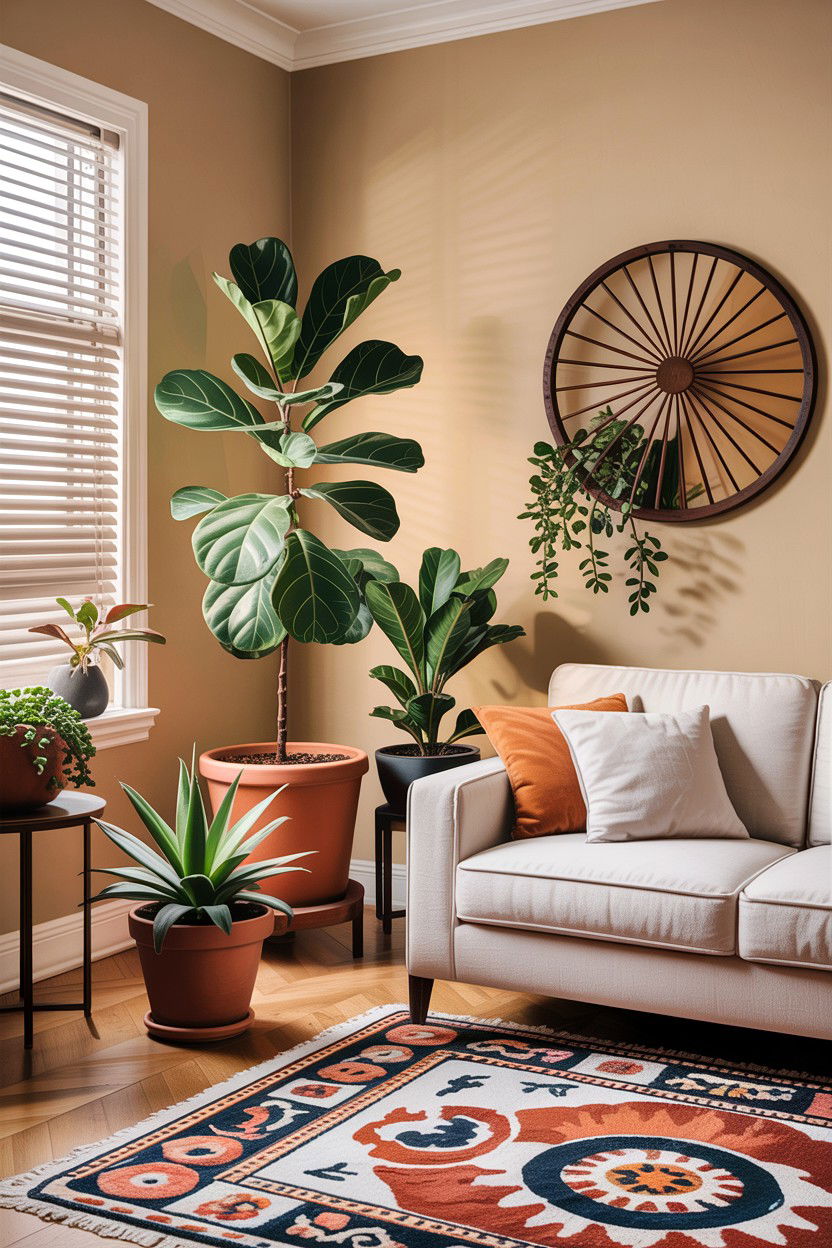 Beige living room with indoor plants - 30 warm beige living room ideas