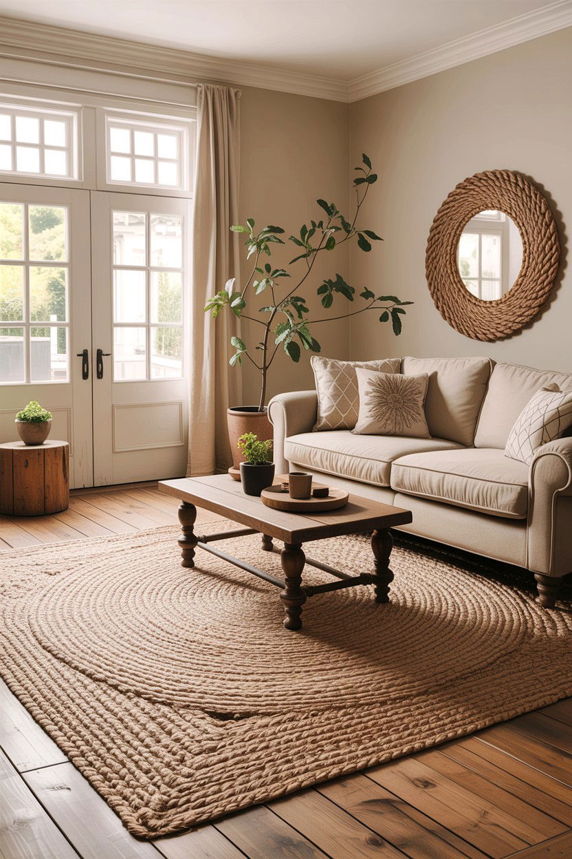 Beige living room with jute rug - 30 warm beige living room ideas